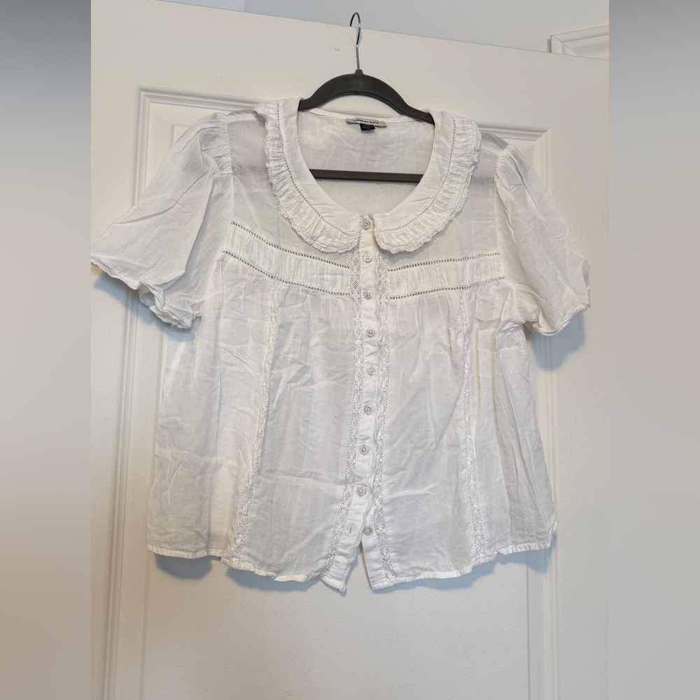 American Eagle White Button-Up Babydoll Blouse